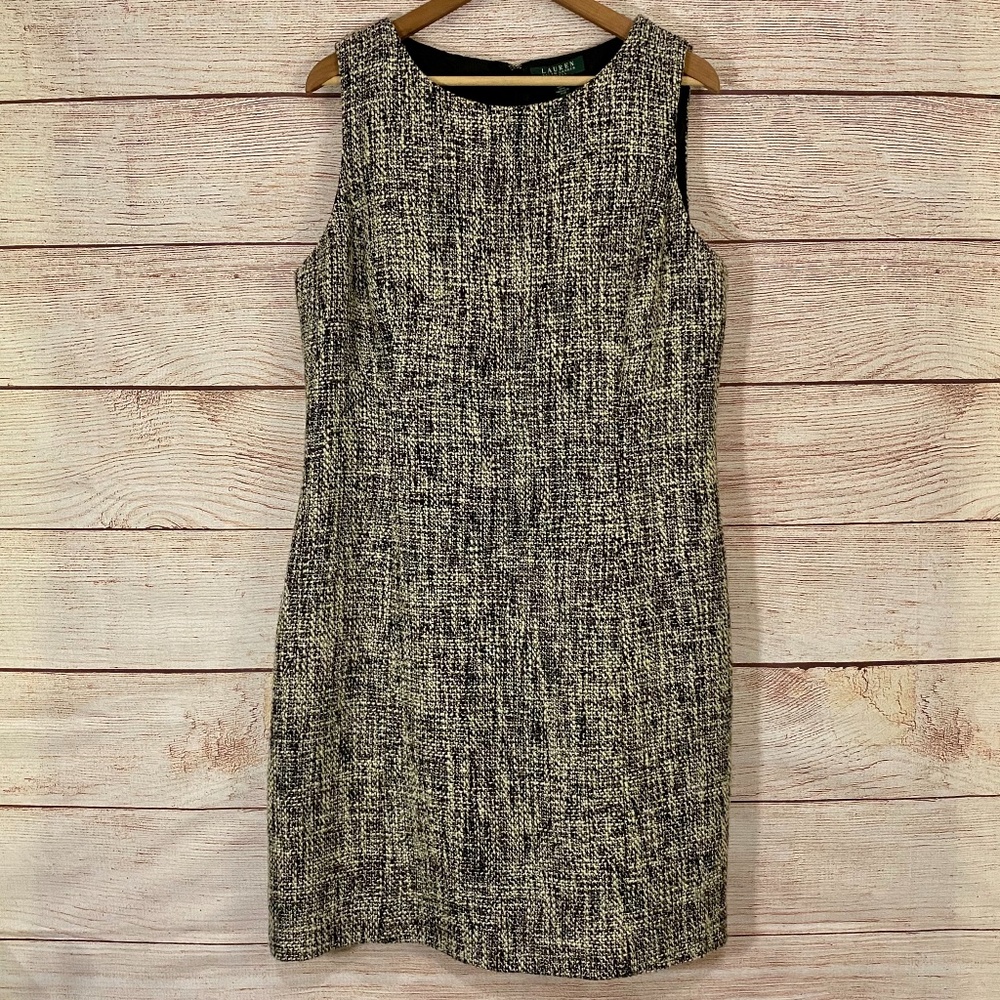 Lauren Ralph Lauren Black & Ivory Tweed Sleeveless Knee Length Sheath Dress 16